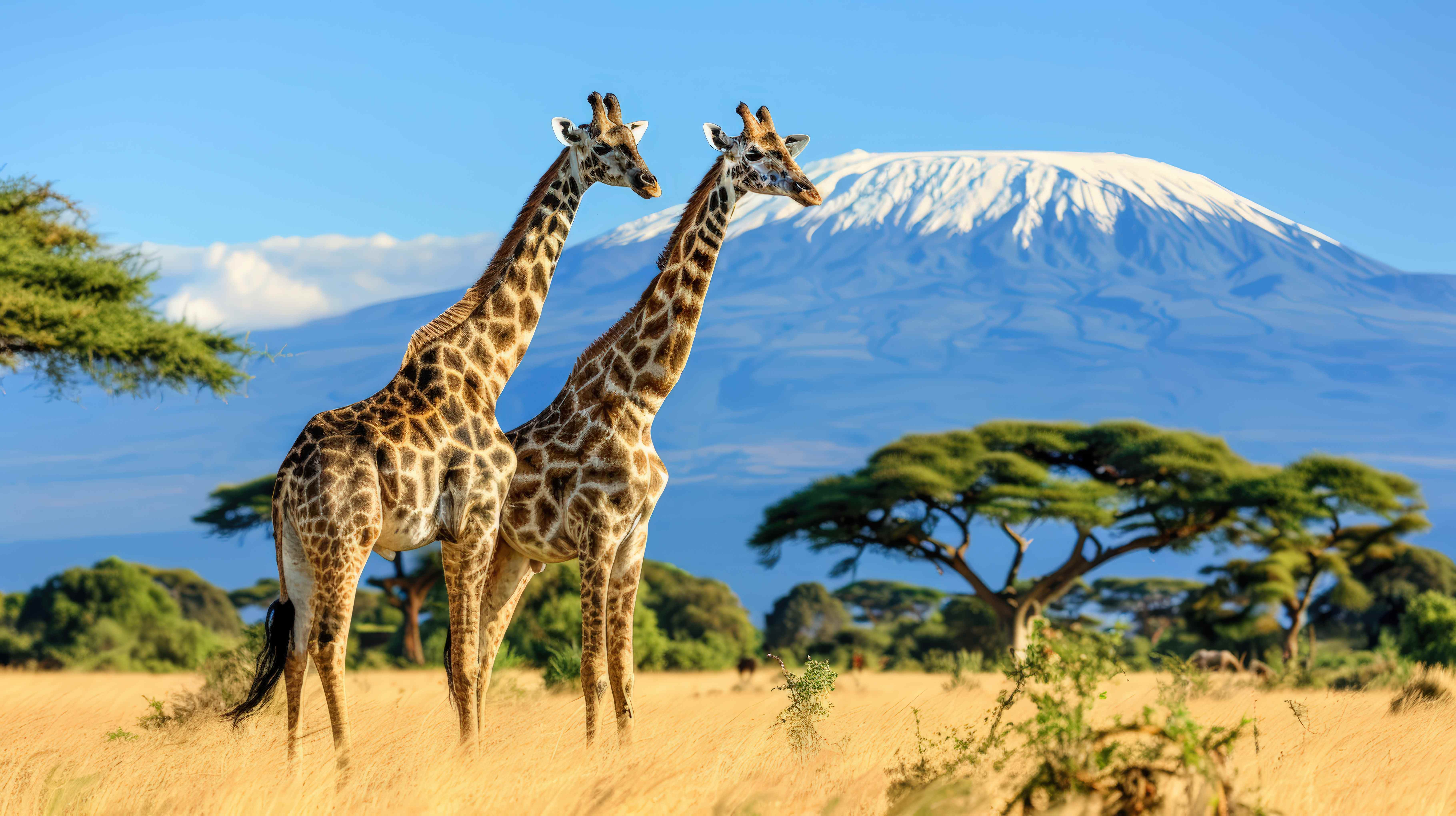 Giraffes in Tanzania with Mount Kilimanjaro in background